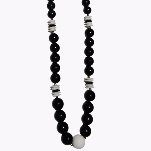 Elegant Retro Black White Discs Round Beaded Necklace 50s 60s Fashion Jewelry - Picture 1 of 6